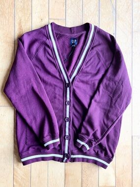 GAP Purple Varsity‑Trim Button-Up Cardigan with Contrast Trim Size Medium